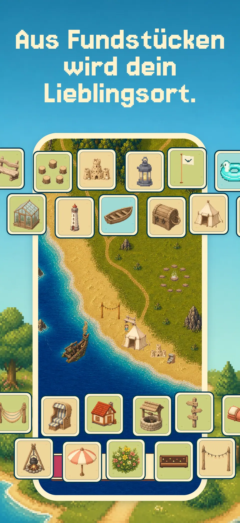 Health Island auf dem iPhone mit einer gestalteten Küste und einer Auswahl verschiedener Inselfunde.