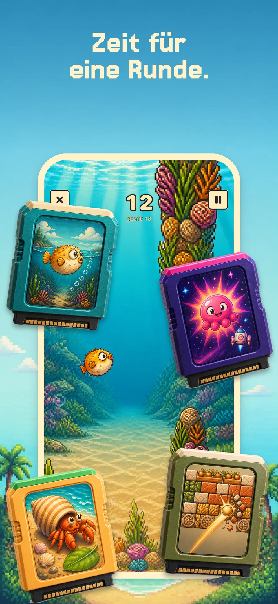 Arcade-Automat mit Flappy Puffer und vier Arcade-Spielen in Health Island auf dem iPhone.