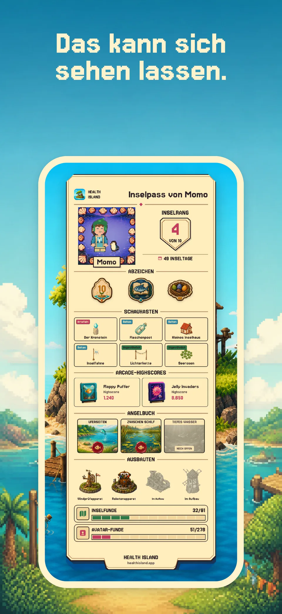 Persönlicher Inselpass mit Abzeichen, Schaukasten, Arcade-Rekorden, Angelbuch und Ausbau auf dem iPhone.